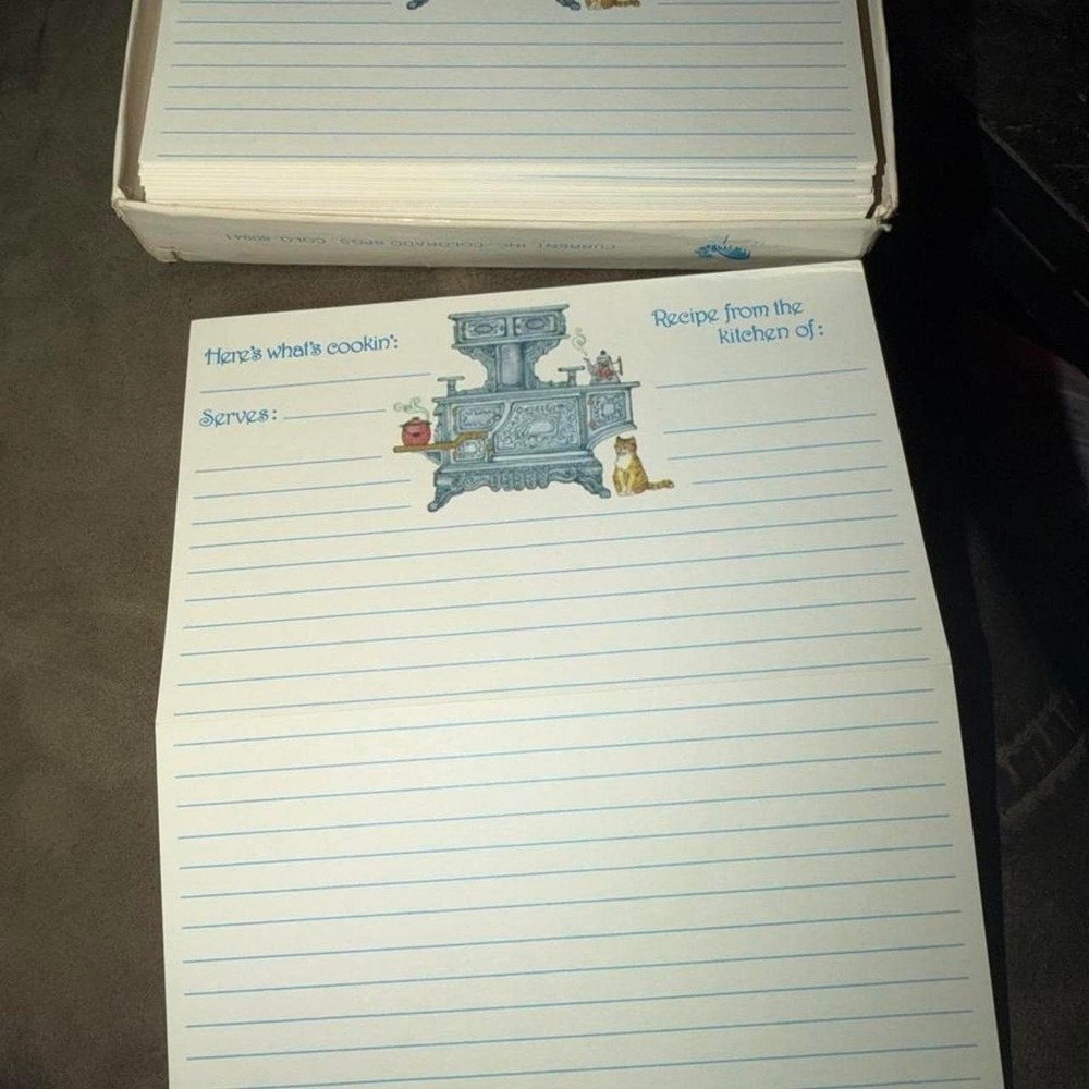 Vintage Here's what's cooking folding recipe cards. half w/stove half w/fruit